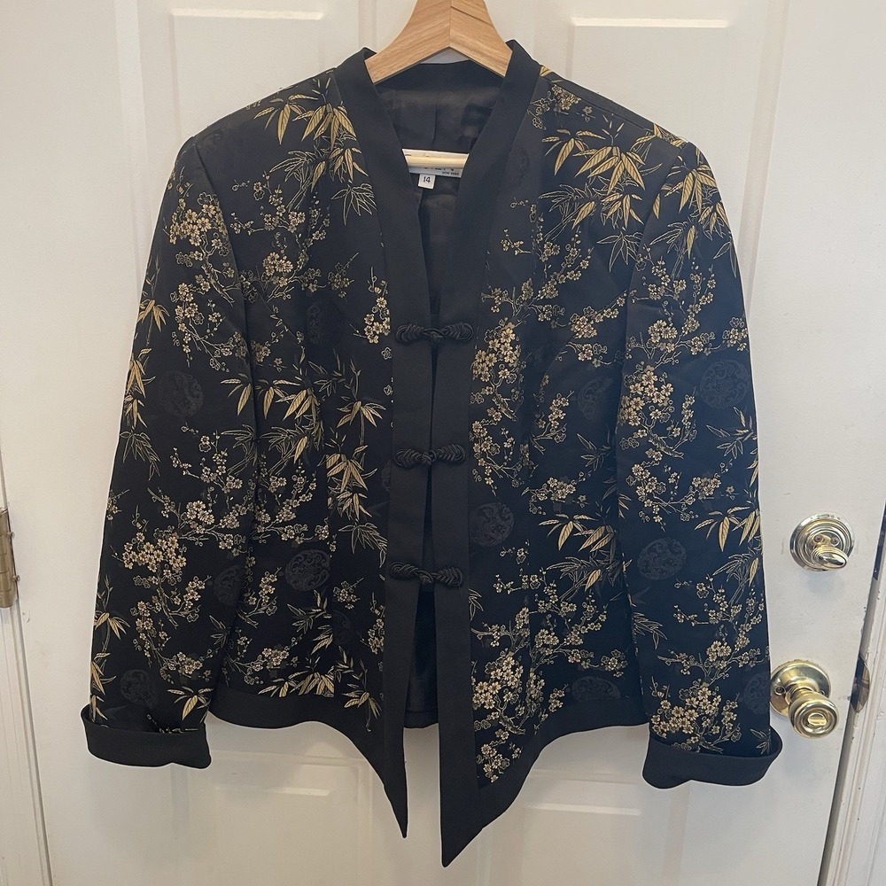 Le Sien Jacket Asian Bamboo Floral Embroidery Silk‎ Gold Black 14 Holiday Party